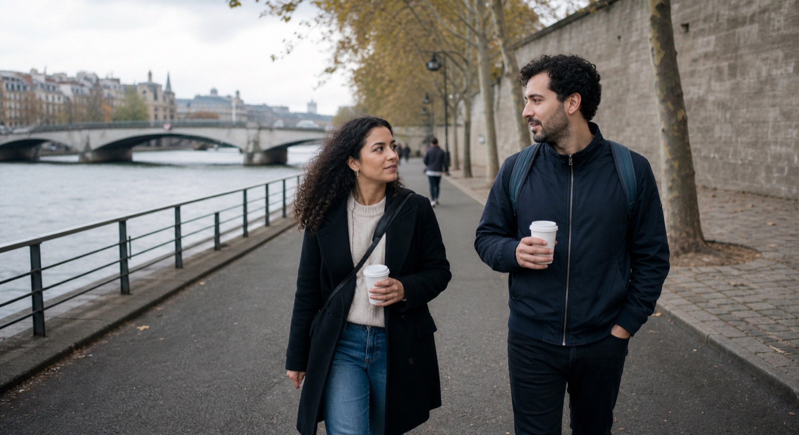 Two adults talking while walking with coffee on a public riverside path