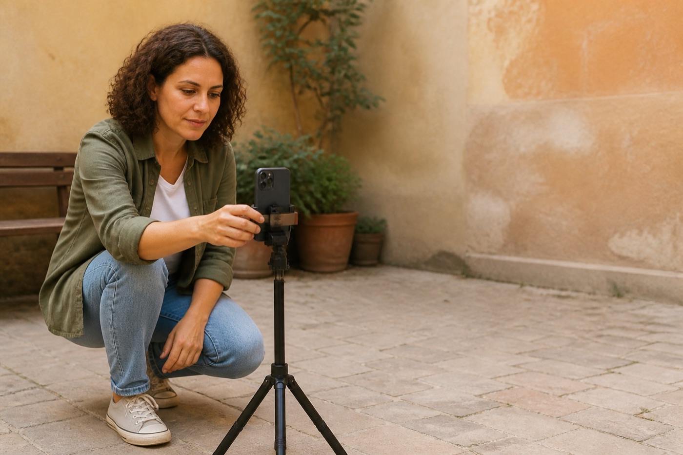 A woman setting a phone timer on a compact tripod in a courtyard