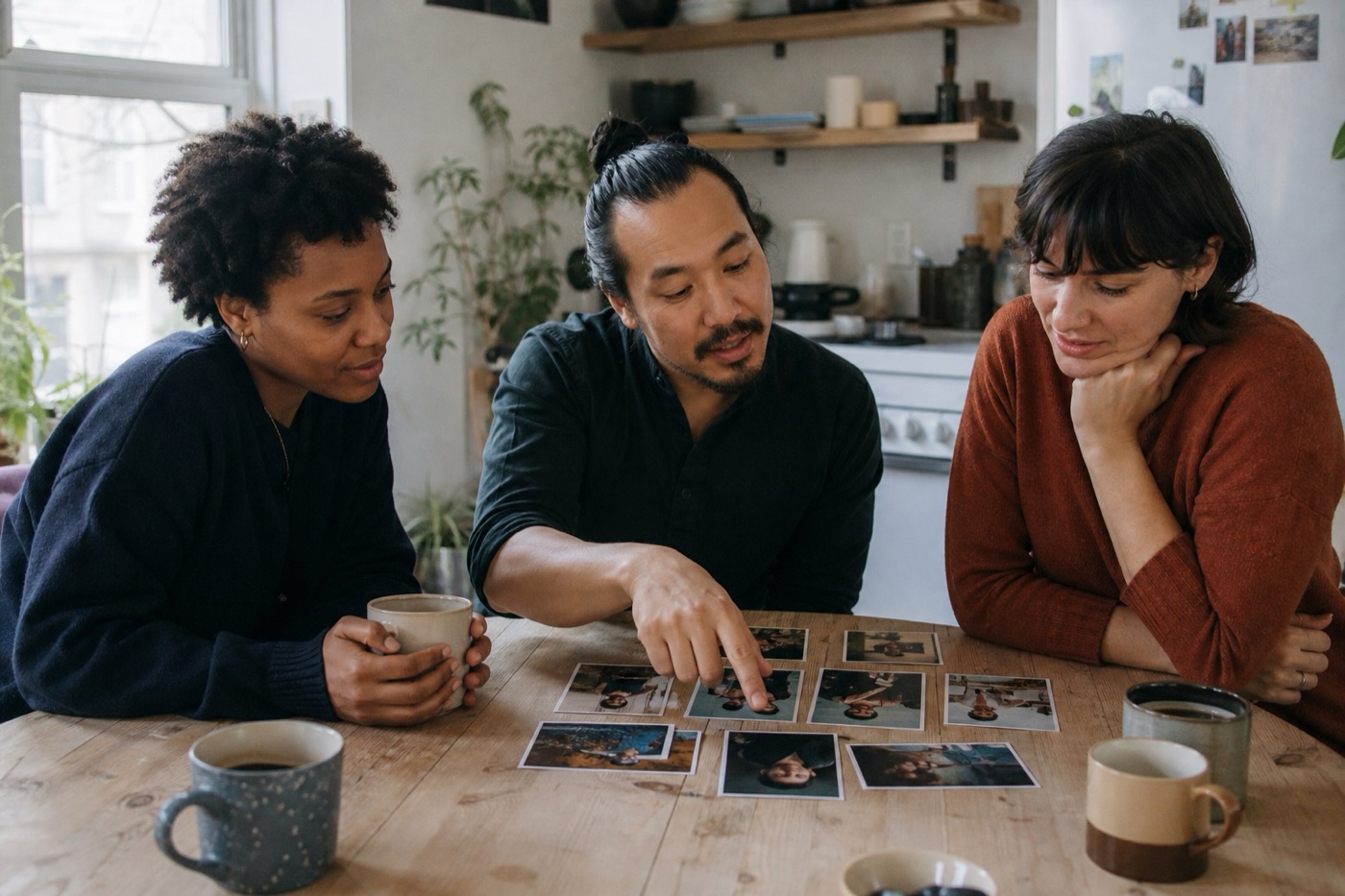 Three adult friends thoughtfully comparing a sequence of portrait photos