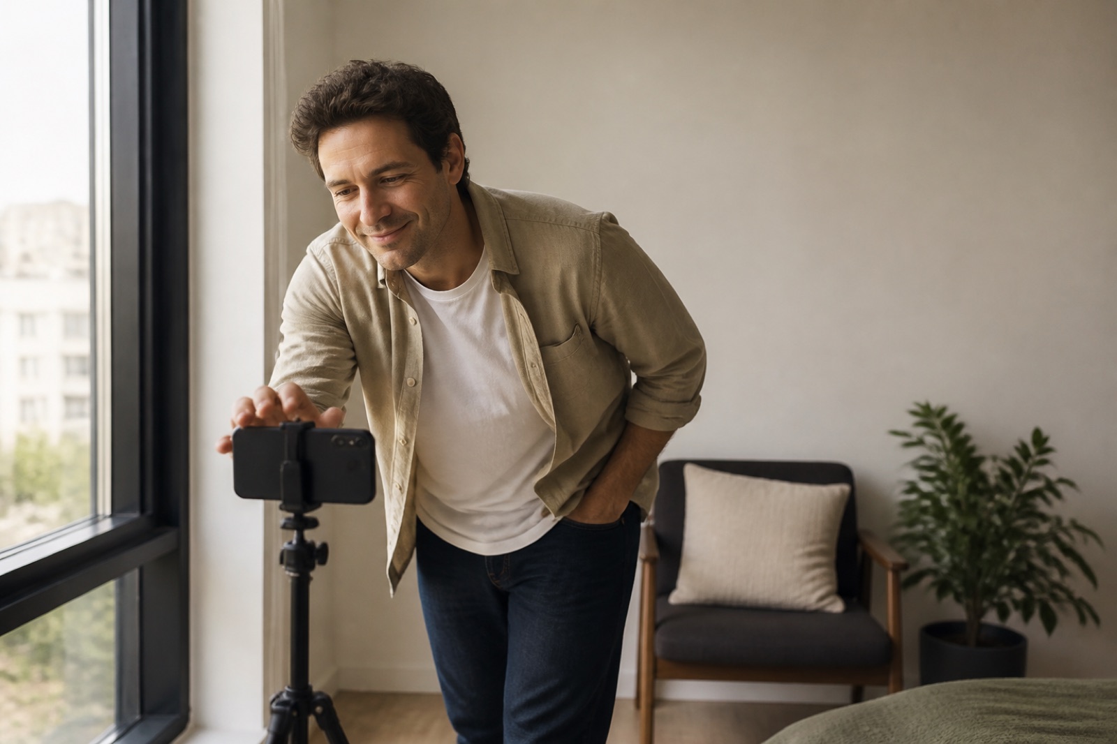 A person placing a smartphone on a tripod beside a large window