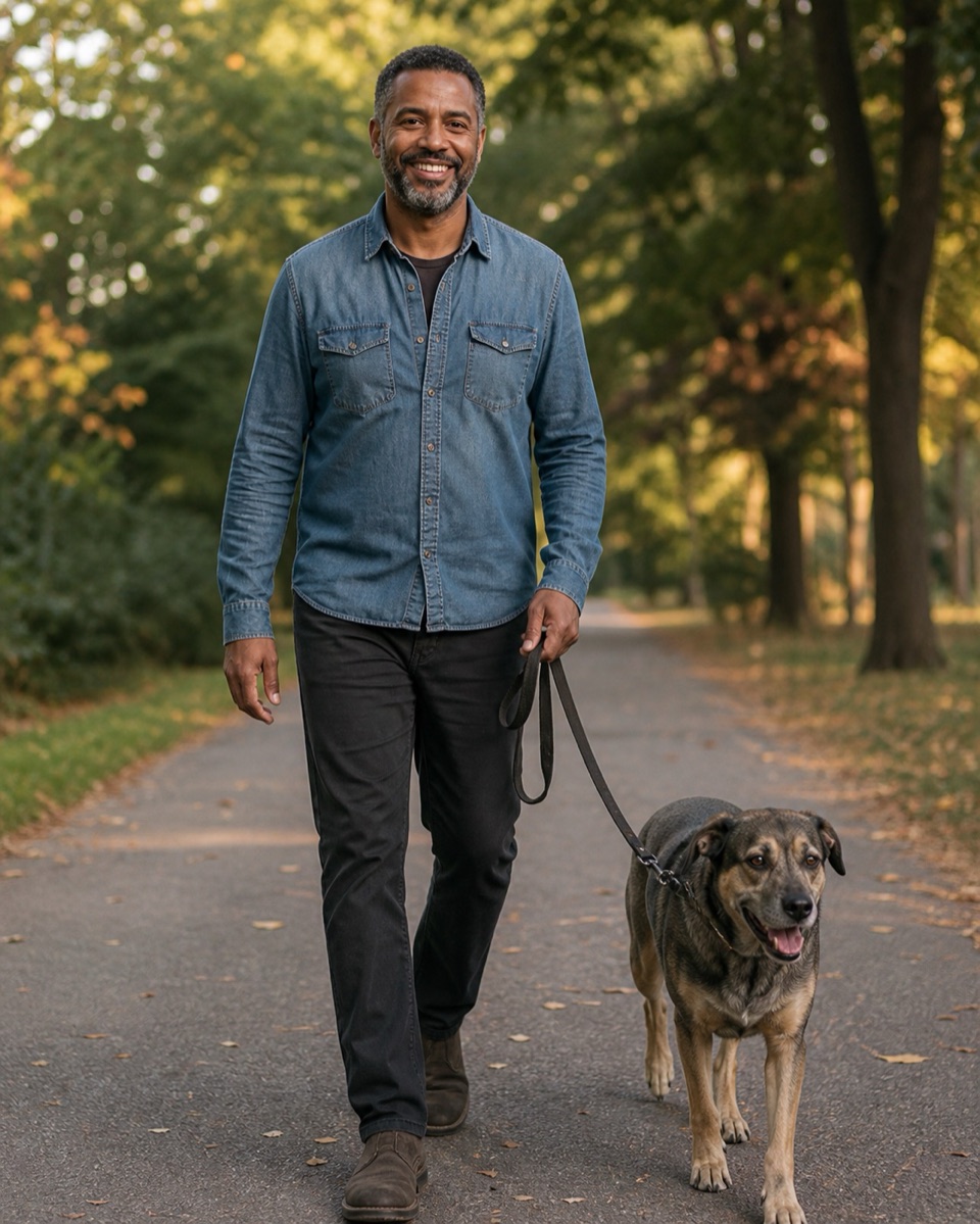 Ein Mann geht mit seinem Hund durch einen Stadtpark